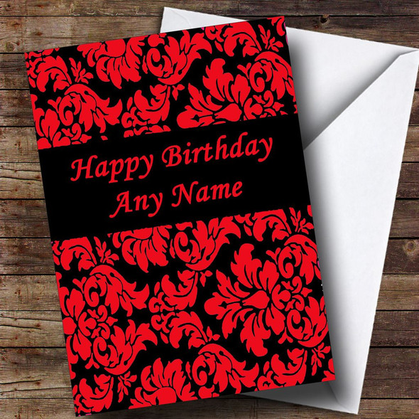 Floral Black Red Damask Customised Birthday Card