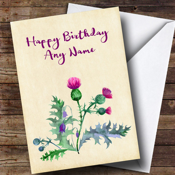 Watercolour Scottish Thistle Customised Birthday Card