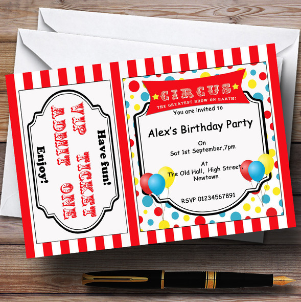 Spoof Circus Ticket Red Theme Customised Birthday Party Invitations