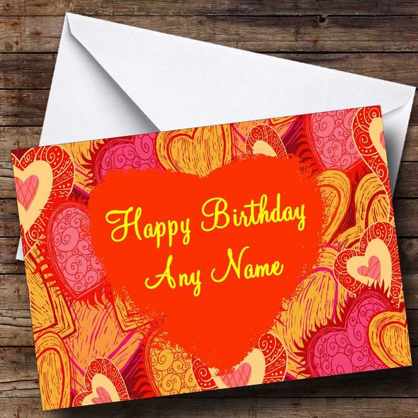 Orange And Pink Love Hearts Romantic Customised Birthday Card