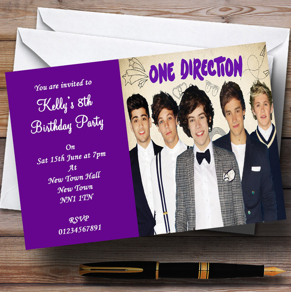 Purple One Direction D Customised Children's Party Invitations