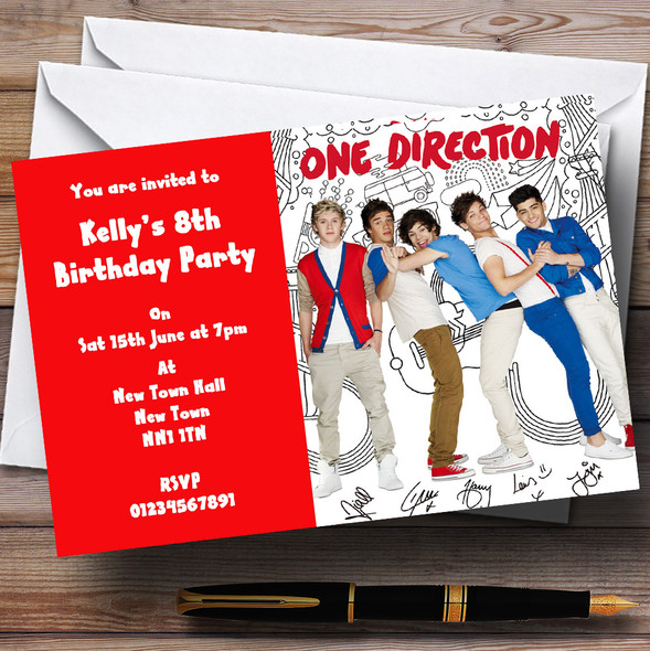 Red D One Direction Customised Children's Party Invitations