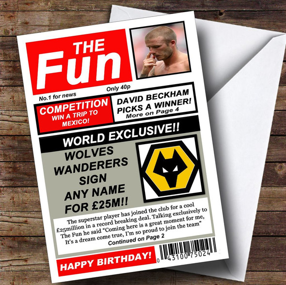 Wolves Wanderers Football Fan Funny Newspaper Customised Birthday Card