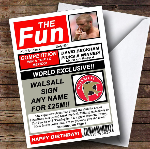 Walsall Football Fan Funny Newspaper Customised Birthday Card