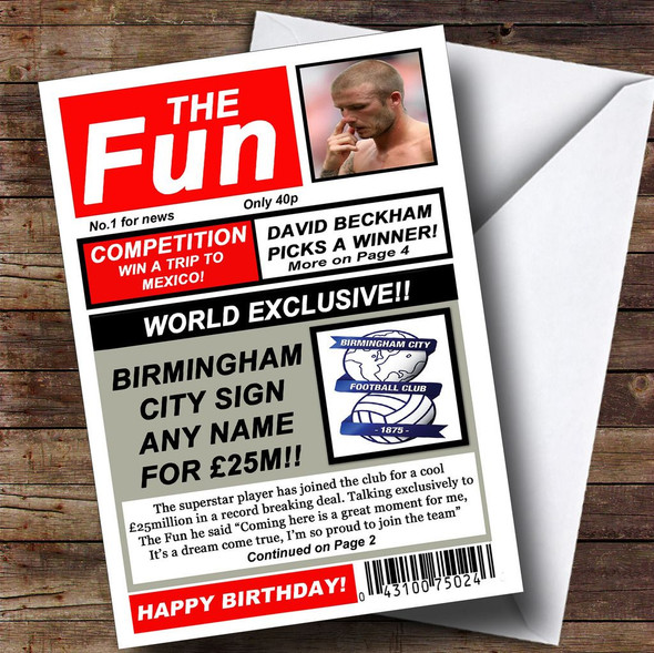 Birmingham City Football Fan Funny Newspaper Customised Birthday Card