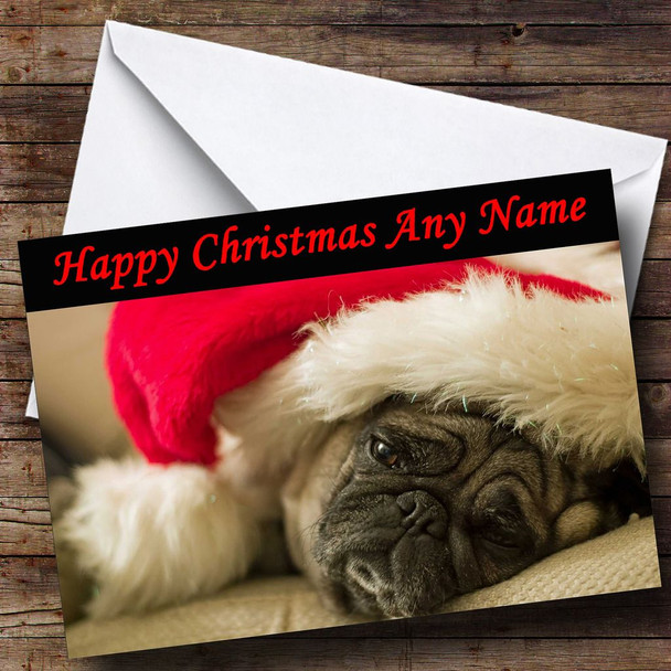 Cute Pug Dog Wearing Red Xmas Hat Customised Christmas Card