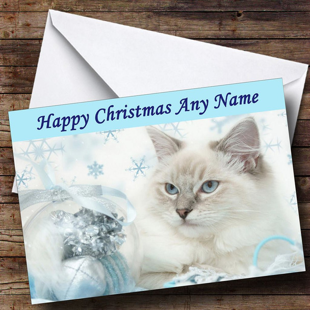 White Cat & Xmas Decorations Customised Christmas Card