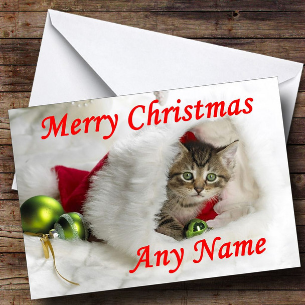 Kitten Hiding In Xmas Hat Customised Christmas Card