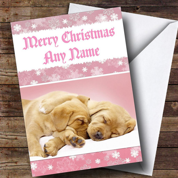 Sleeping Puppy Dogs Pink Customised Christmas Card