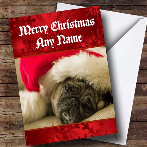 Pug Dog With Christmas Hat On Customised Christmas Card