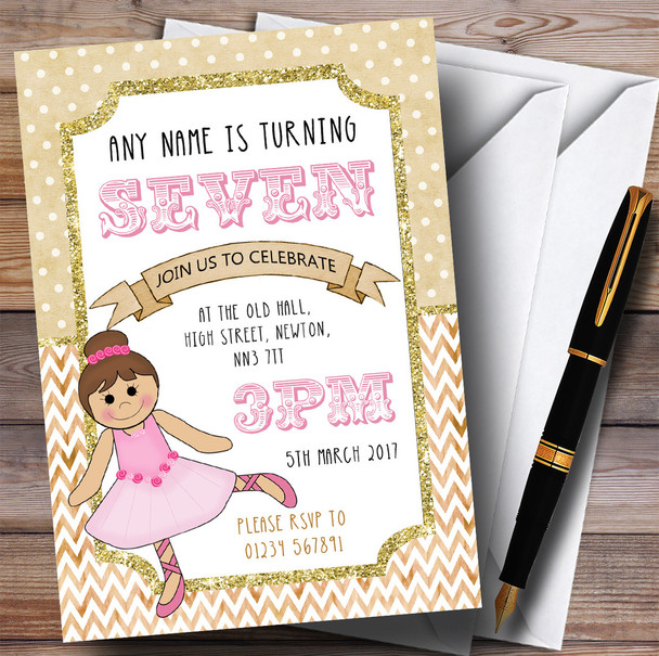 Ballerina Ballet Glitter Gold Girls Children's Birthday Party Invitations