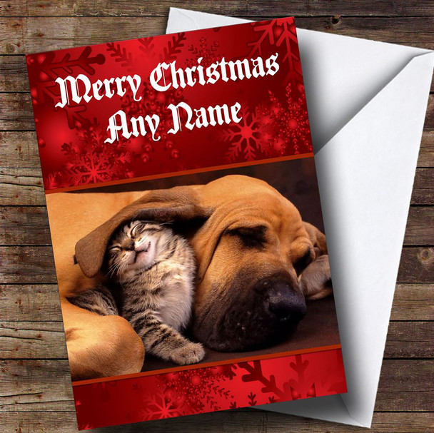 Dog And Kitten Sleeping Customised Christmas Card