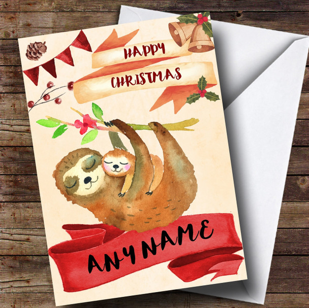 Watercolour Rustic Sloth & Baby Customised Christmas Card
