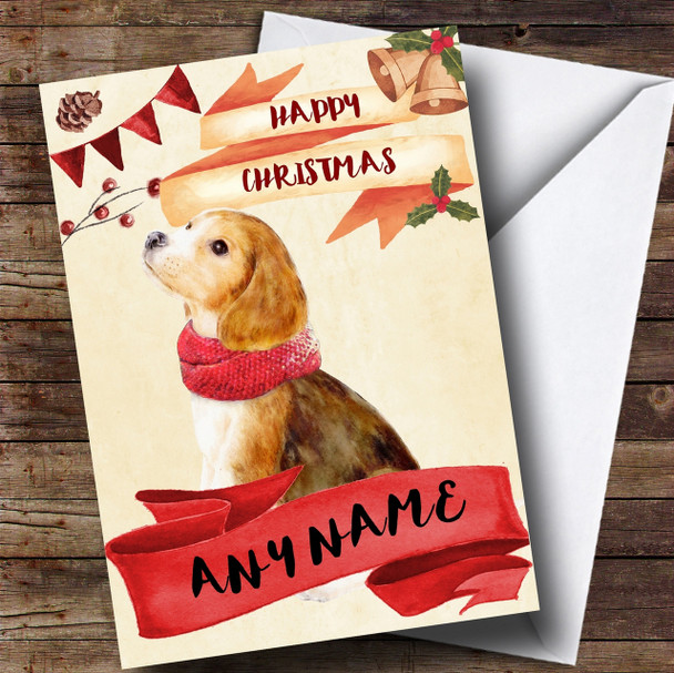 Watercolour Rustic Dog Beagle Customised Christmas Card