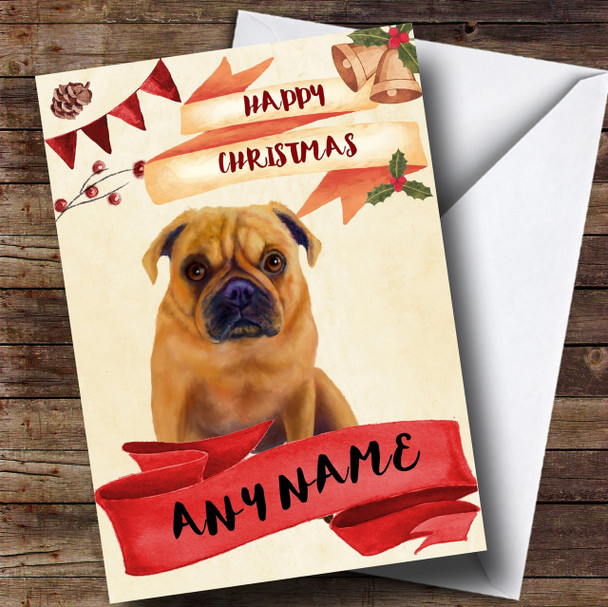 Watercolour Rustic Dog Pug Customised Christmas Card