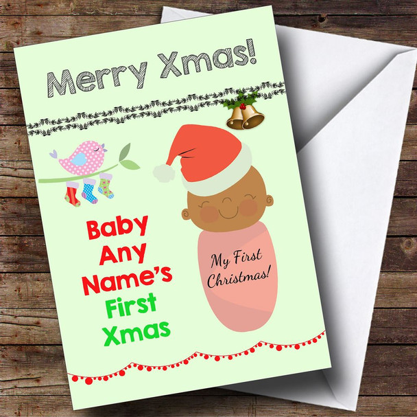 Dark Skinned Baby's First Children's Customised Christmas Card