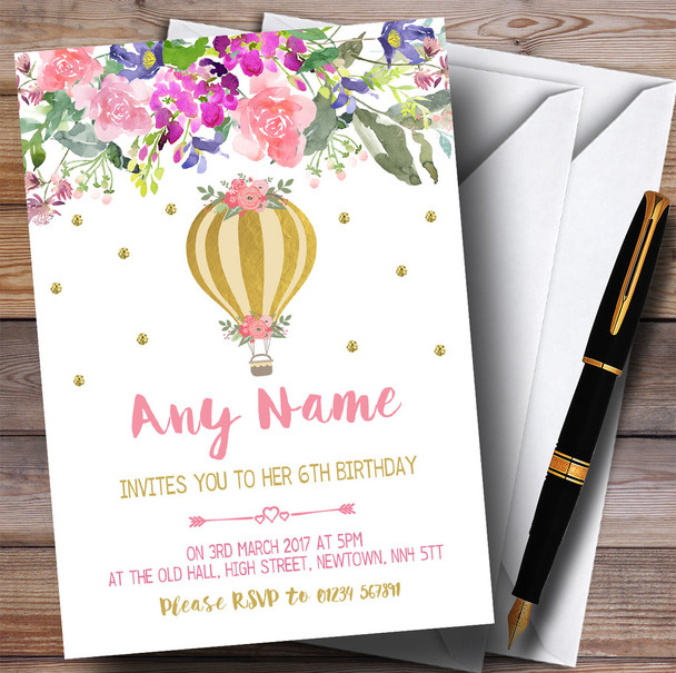 Floral Gold Hot Air Balloon Children's Birthday Party Invitations