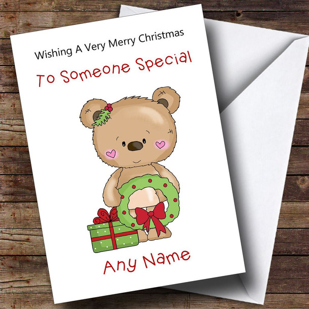 Cartoon Bear With Wreath Children's Customised Christmas Card