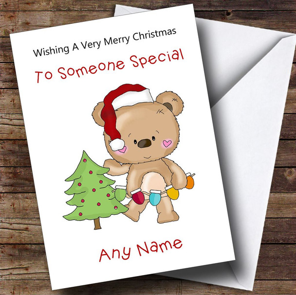 Cartoon Bear Decorating The Tree Children's Customised Christmas Card