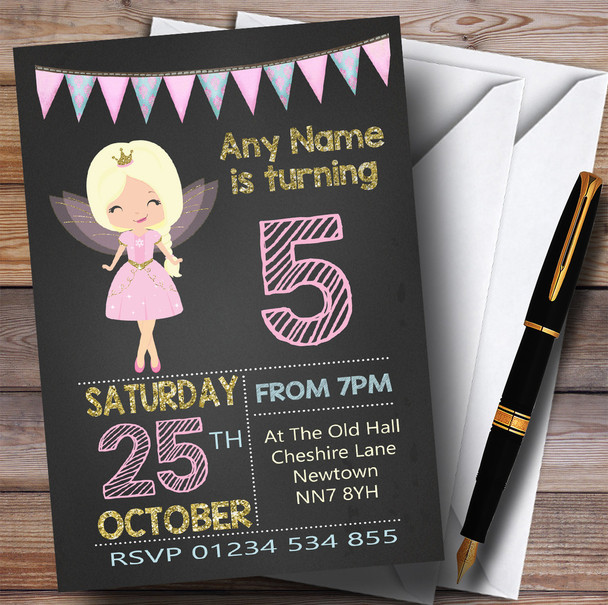 Gold & Pink Chalk Fairy Children's Birthday Party Invitations