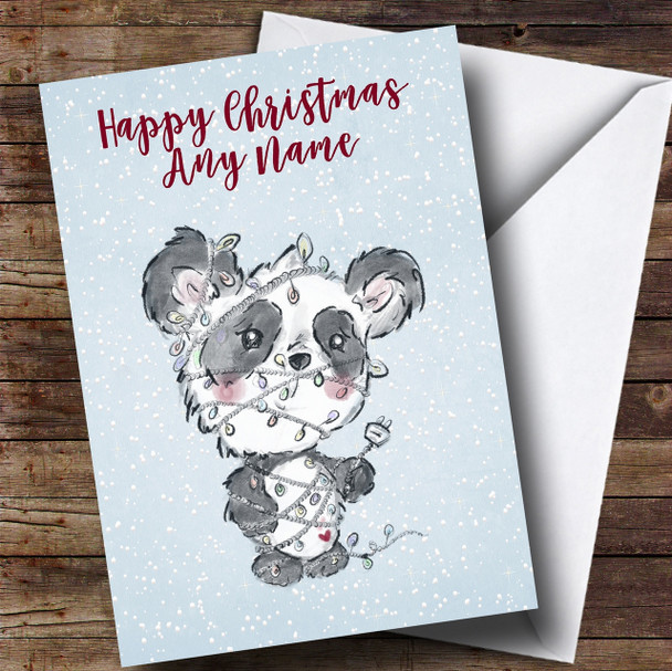 Snowy Cute Panda Tangled Christmas Lights Customised Children's Christmas Card