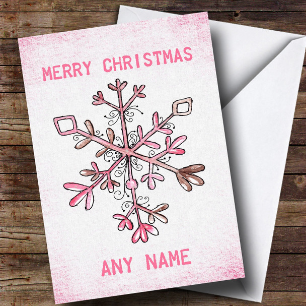 Pretty Pink Watercolour Snowflake Customised Children's Christmas Card