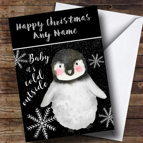 Cold Outside Snow Black Penguin Customised Children's Christmas Card