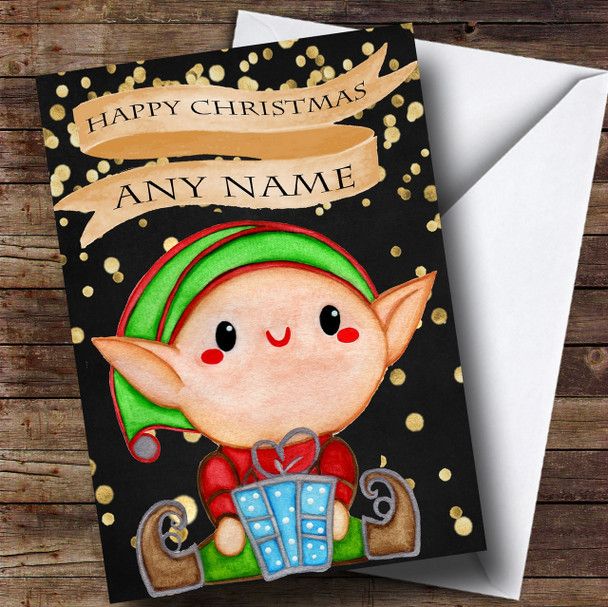 Golden Confetti Elf & Present Customised Children's Christmas Card