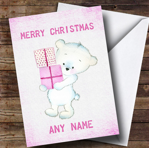 Teddy Bear With Presents Pink Customised Children's Christmas Card