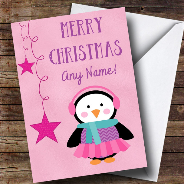 Pink Penguin Music And Stars Customised Children's Christmas Card