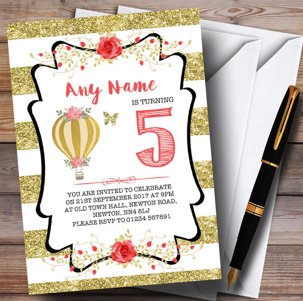 Gold Stripes Hot Air Balloon Children's Birthday Party Invitations