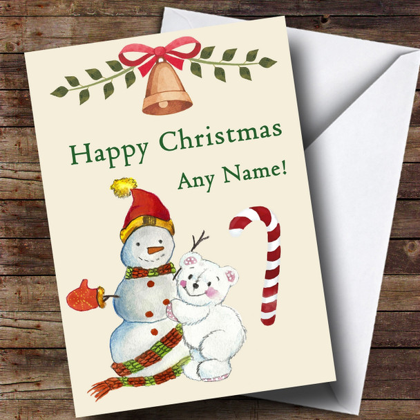 White Bear Snowman Bell Customised Children's Christmas Card