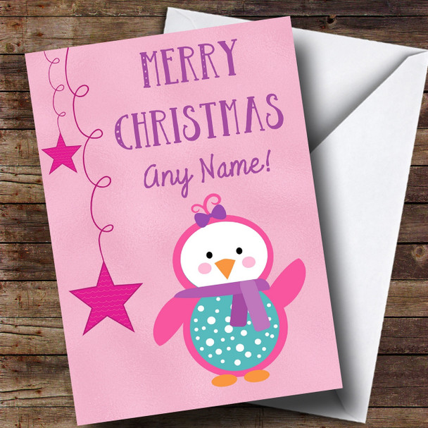 Pink Penguin And Stars Customised Children's Christmas Card