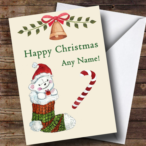 White Bear In Stocking Customised Children's Christmas Card