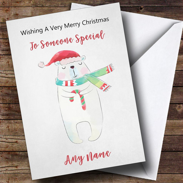 Cute Doodle Watercolour Polar Bear Customised Christmas Card