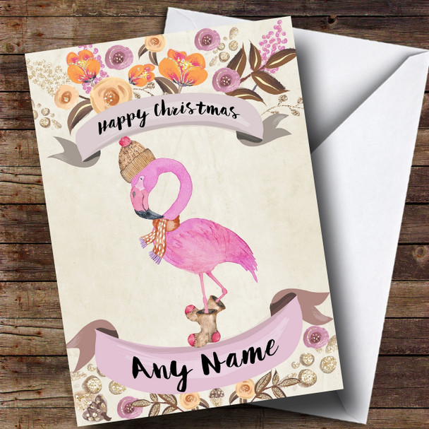 Rustic Gold Flamingo Customised Cute Christmas Card