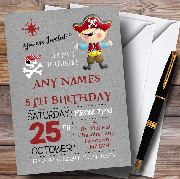 Grey Boy Pirate Children's Birthday Party Invitations