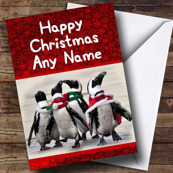 Funny Cute Penguins Red Christmas Card Customised