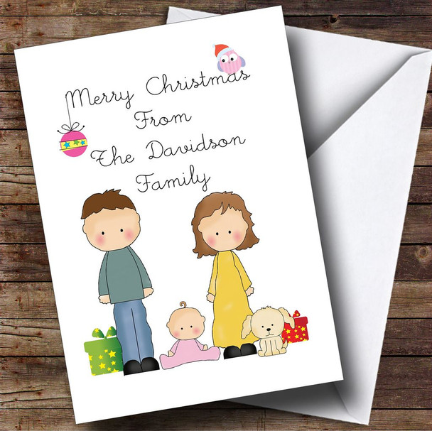From Our Family Girl Baby White Dog Customised Christmas Card