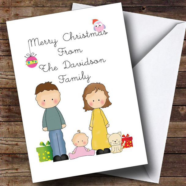 From Our Family Girl Baby White Cat Customised Christmas Card