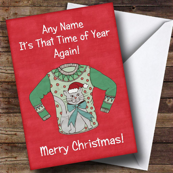 Cat Jumper Red Customised Christmas Card