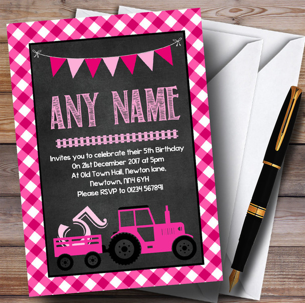 Pink Country Farm Tractor Children's Birthday Party Invitations