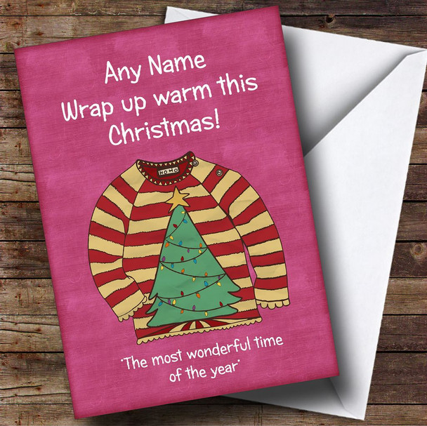 Xmas Tree Jumper Bright Pink Customised Christmas Card