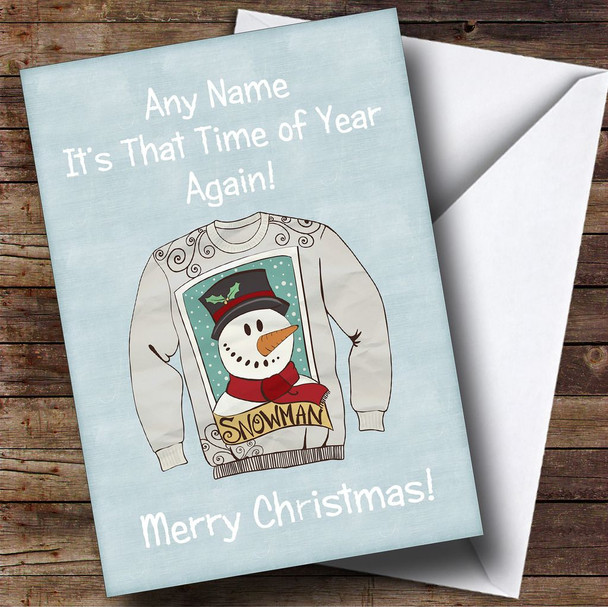 Snowman Jumper Green Customised Christmas Card