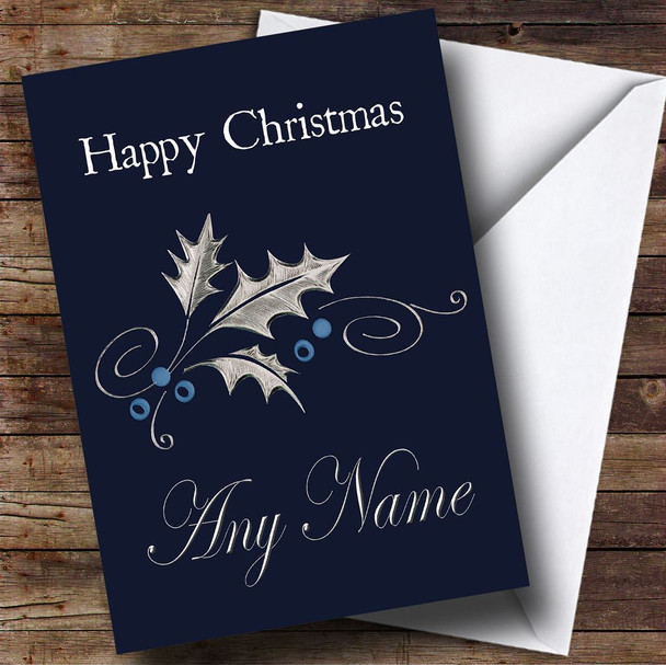 Simple Blue Holly Customised Christmas Card