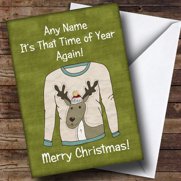 Reindeer Jumper Green Customised Christmas Card