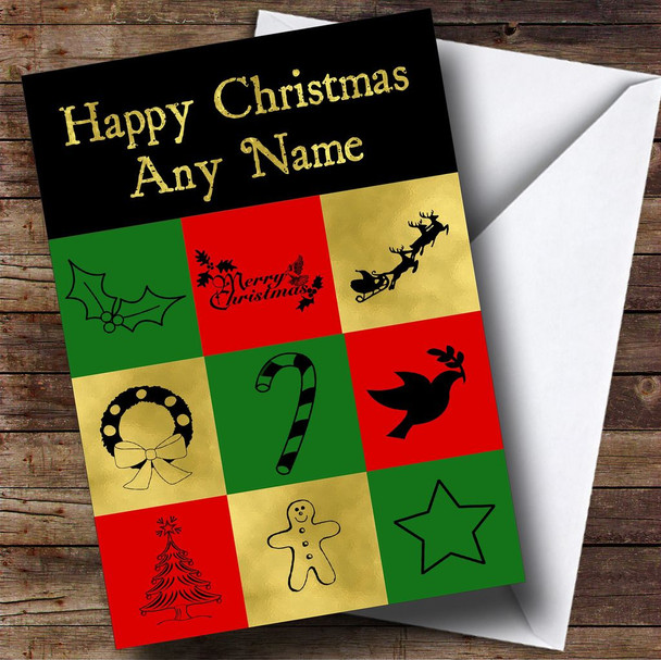 Gold Red Green Check Customised Christmas Card