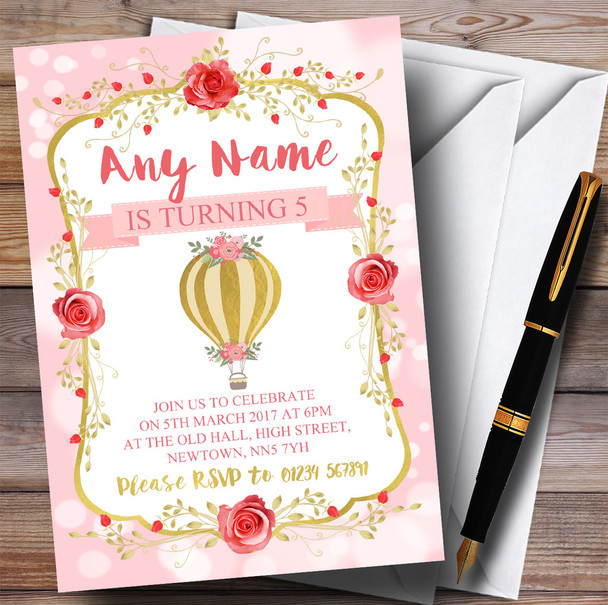 Pink Gold Hot Air Balloon Children's Birthday Party Invitations