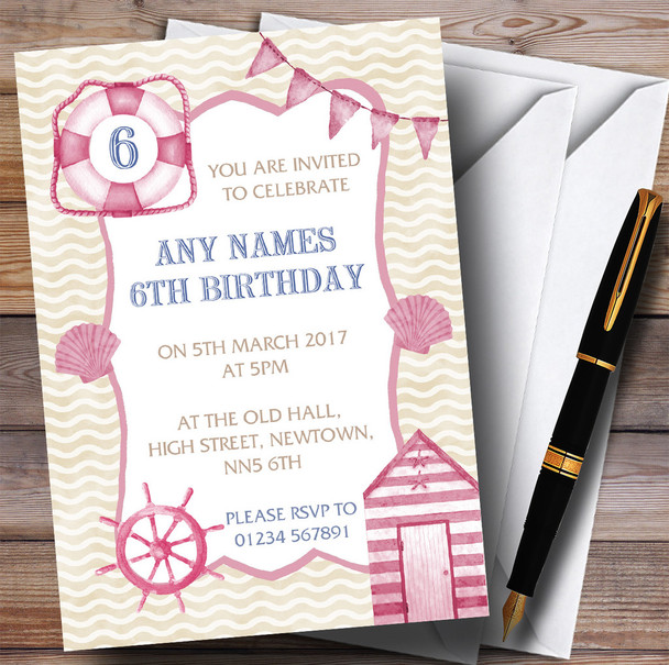 Pink Nautical Beach Watercolour Children's Birthday Party Invitations