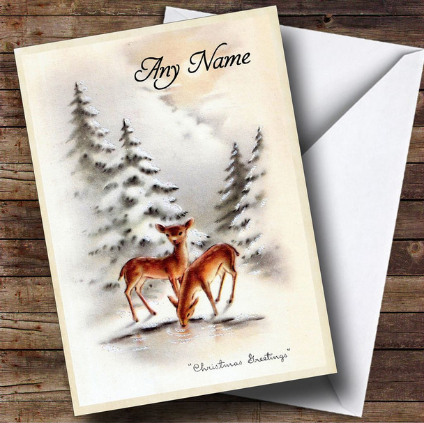 Two Baby Deer Vintage Traditional Customised Christmas Card
